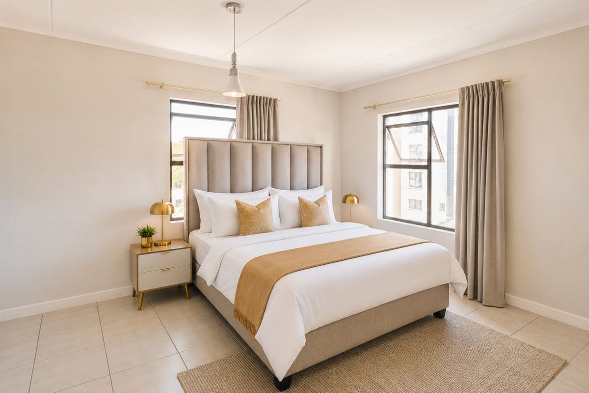 A bright and well-maintained bedroom featuring neutral tiled flooring, dual casement windows, and modern pendant lighting.