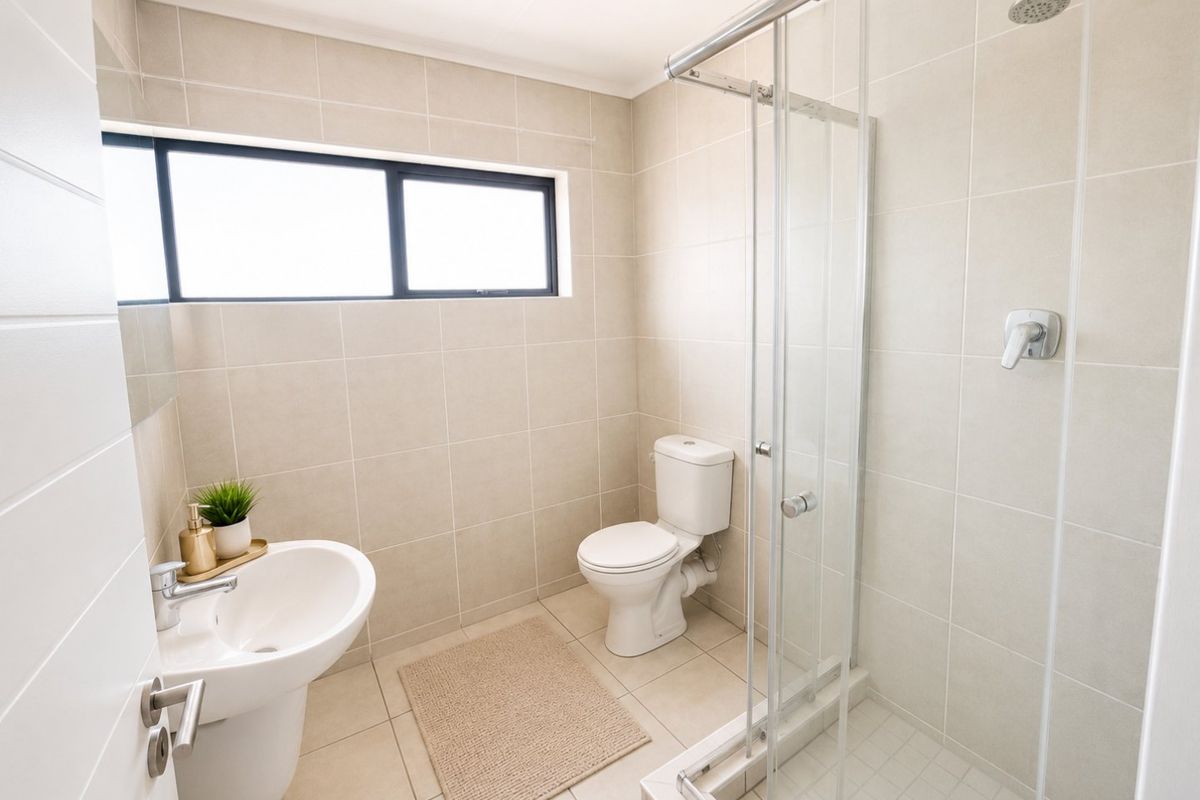 A clean, modern bathroom featuring a pedestal basin, a toilet, and a glass-enclosed shower with neutral floor-to-ceiling tiling.