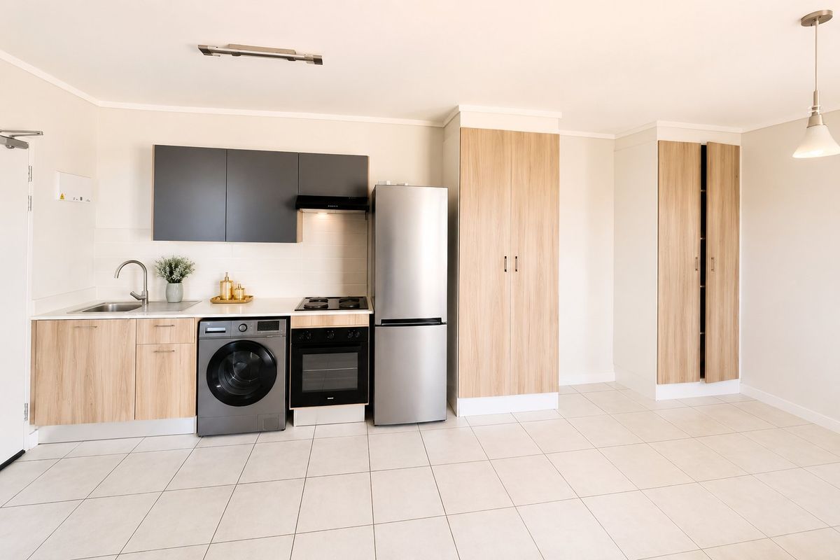 Modern kitchen featuring light wood-tone cabinetry, dark grey overhead cupboards, integrated appliances, and neutral tiled flooring in an open-plan layout.