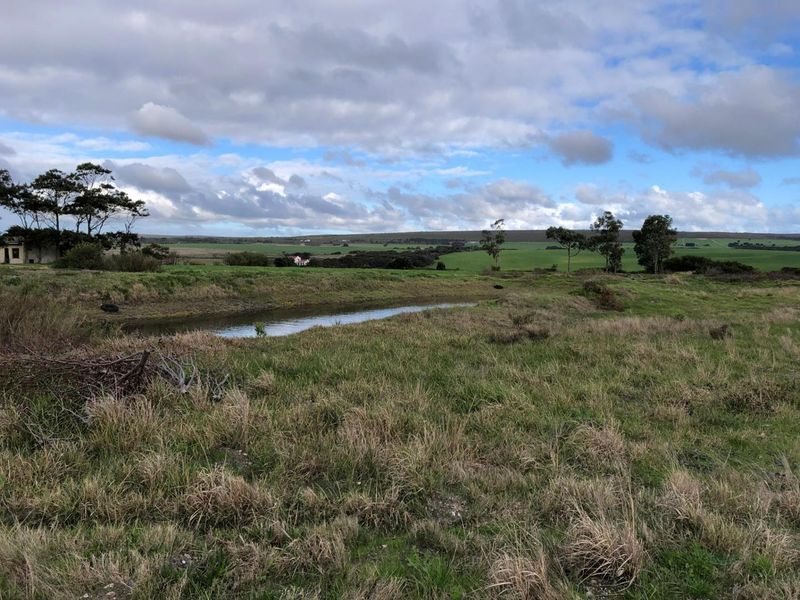 Expansive view of the farm property featuring open pasture land and a natural pond under a cloudy sky.
