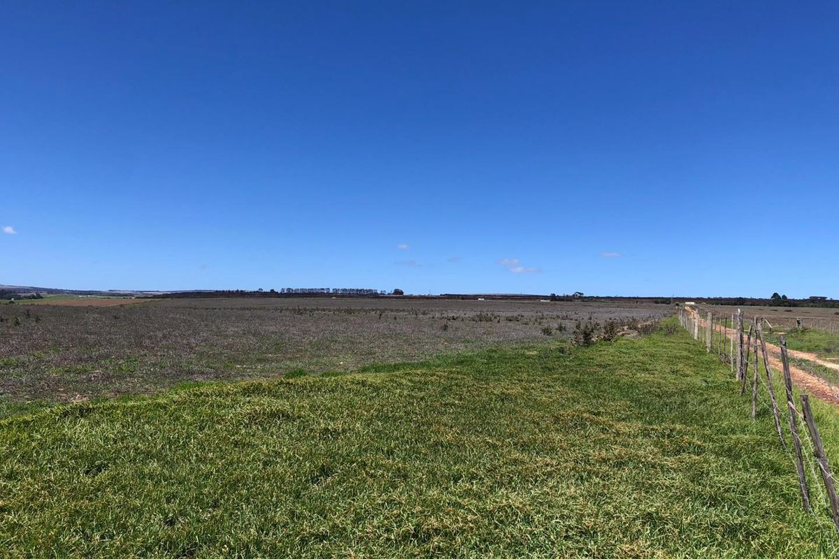 Expansive view of open farmland featuring a dirt track and wire fencing under a clear blue sky.