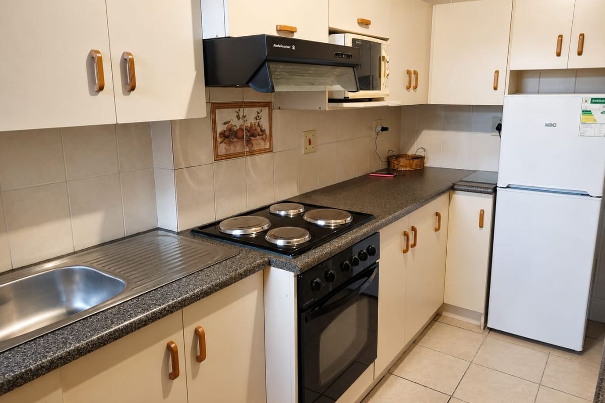 A functional kitchen featuring built-in cabinetry, laminate countertops, a stainless steel sink, and an electric stove with an extractor fan.