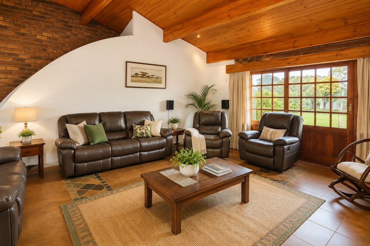 Spacious living room featuring a vaulted timber beam ceiling, exposed brick feature wall, and tiled flooring with direct access to the garden.