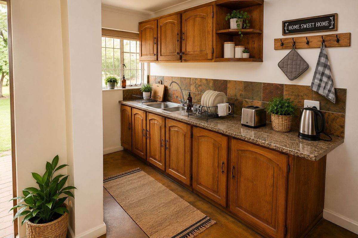 A functional kitchen featuring traditional wooden cabinetry, granite countertops, a stone tile backsplash, and a stainless steel double sink with garden views.