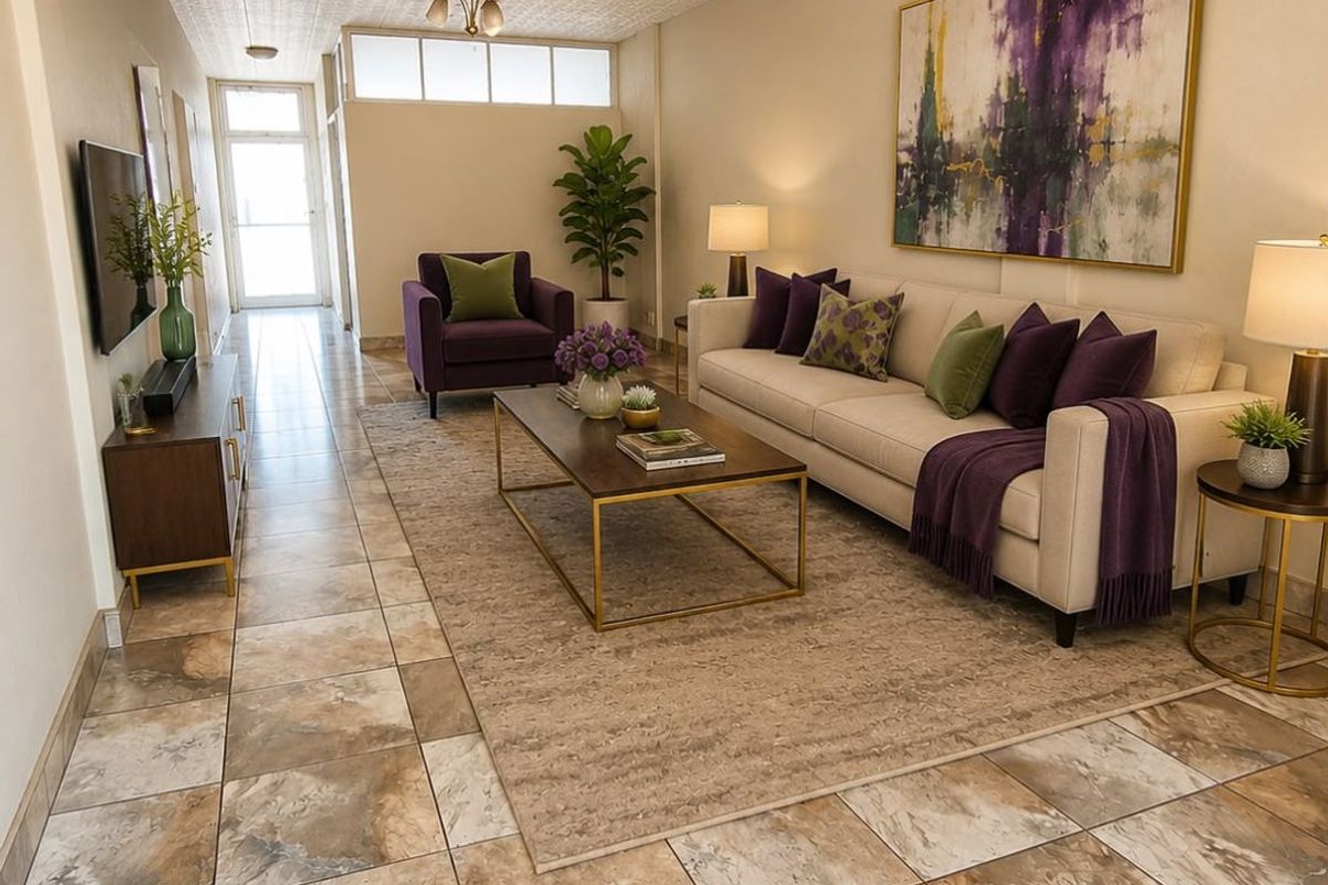 A well-lit living room featuring decorative textured ceilings, a central ceiling fan, and durable tiled flooring with a neutral color palette.