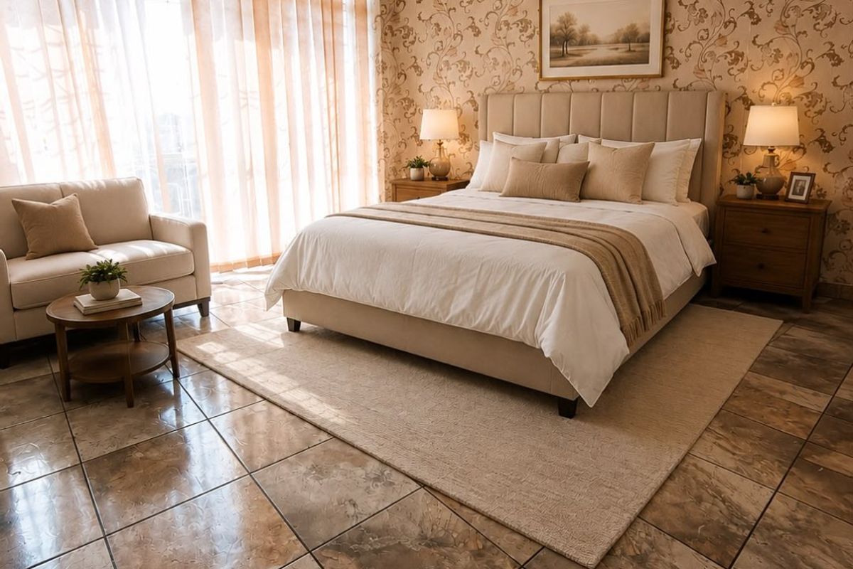 Spacious bedroom featuring patterned wallpaper, tiled flooring, a ceiling fan, and large windows allowing for ample natural light.