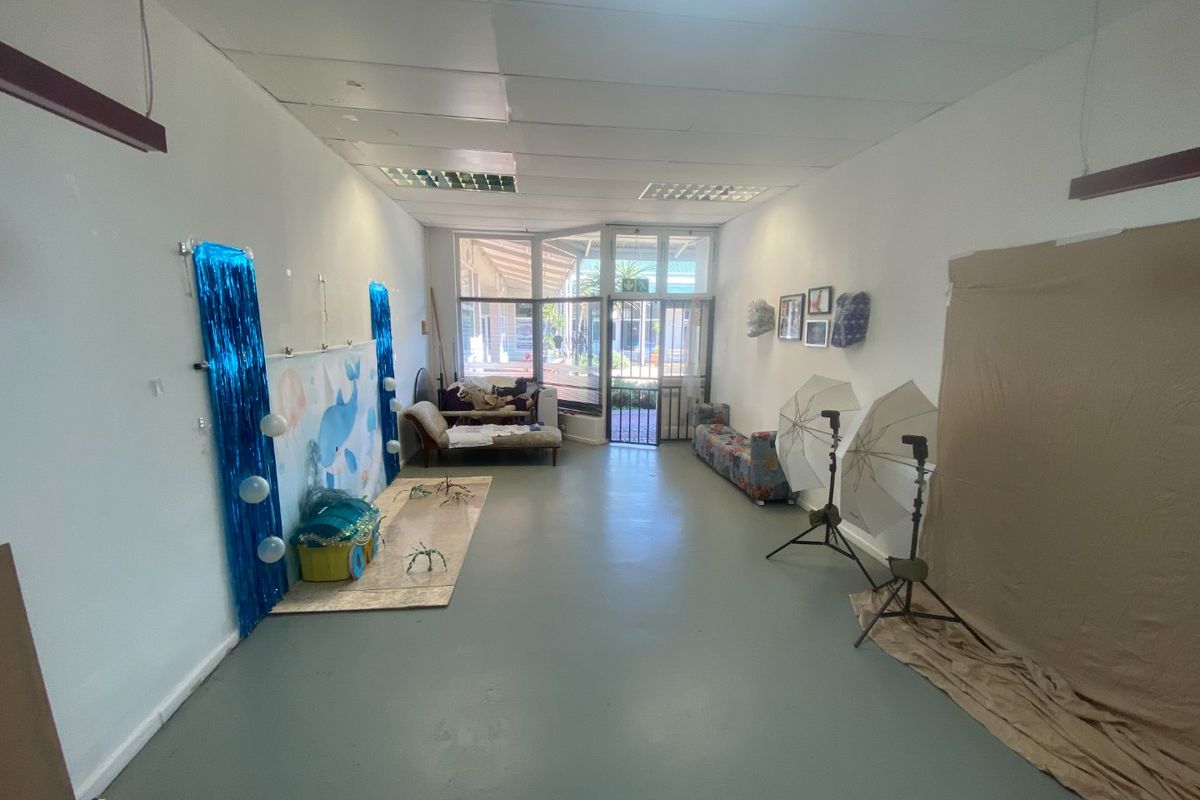 Open-plan commercial space featuring a large glass storefront, suspended ceiling with integrated lighting, and painted concrete flooring, currently utilized as a studio.