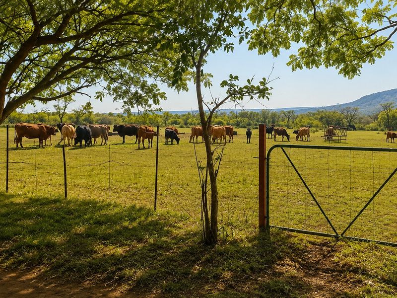 A scenic view of a farm pasture featuring grazing cattle, enclosed by wire fencing and a metal gate under mature trees.
