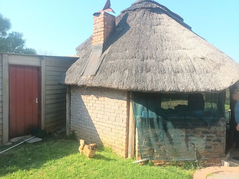 Rear view of a rustic outbuilding featuring a traditional thatch roof, brick chimney, and adjacent side entrance door.