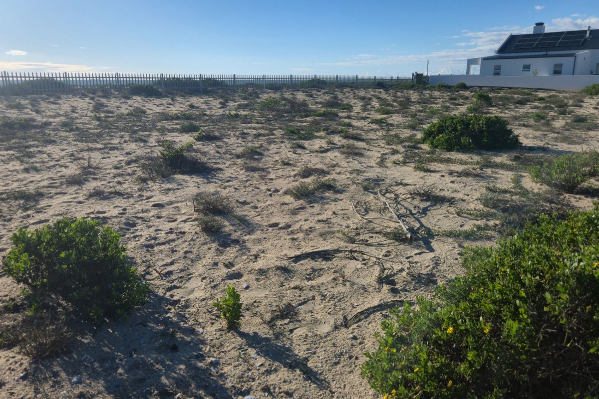 A vacant residential plot featuring sandy terrain, native coastal vegetation, and perimeter boundary fencing.