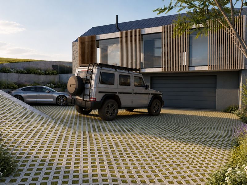 Modern architectural home exterior featuring timber facade screening, a large garage, and permeable grass-grid driveway paving.