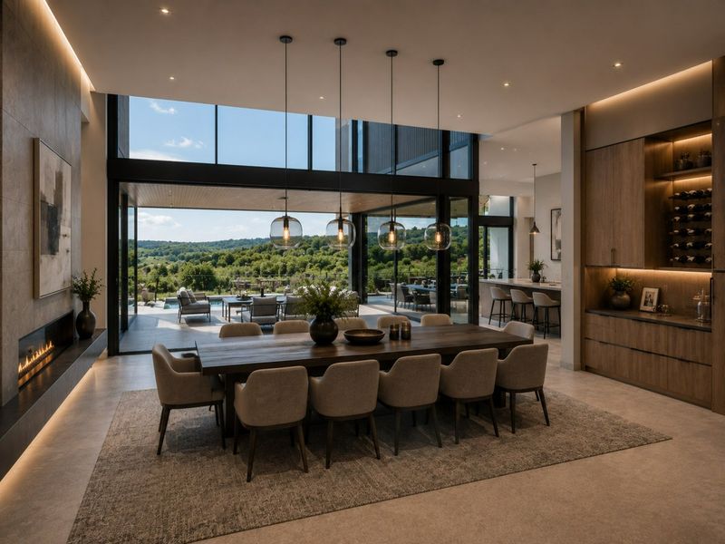 Spacious open-plan dining and living area featuring a built-in fireplace, custom cabinetry, and expansive floor-to-ceiling glass doors opening to a scenic outdoor terrace.