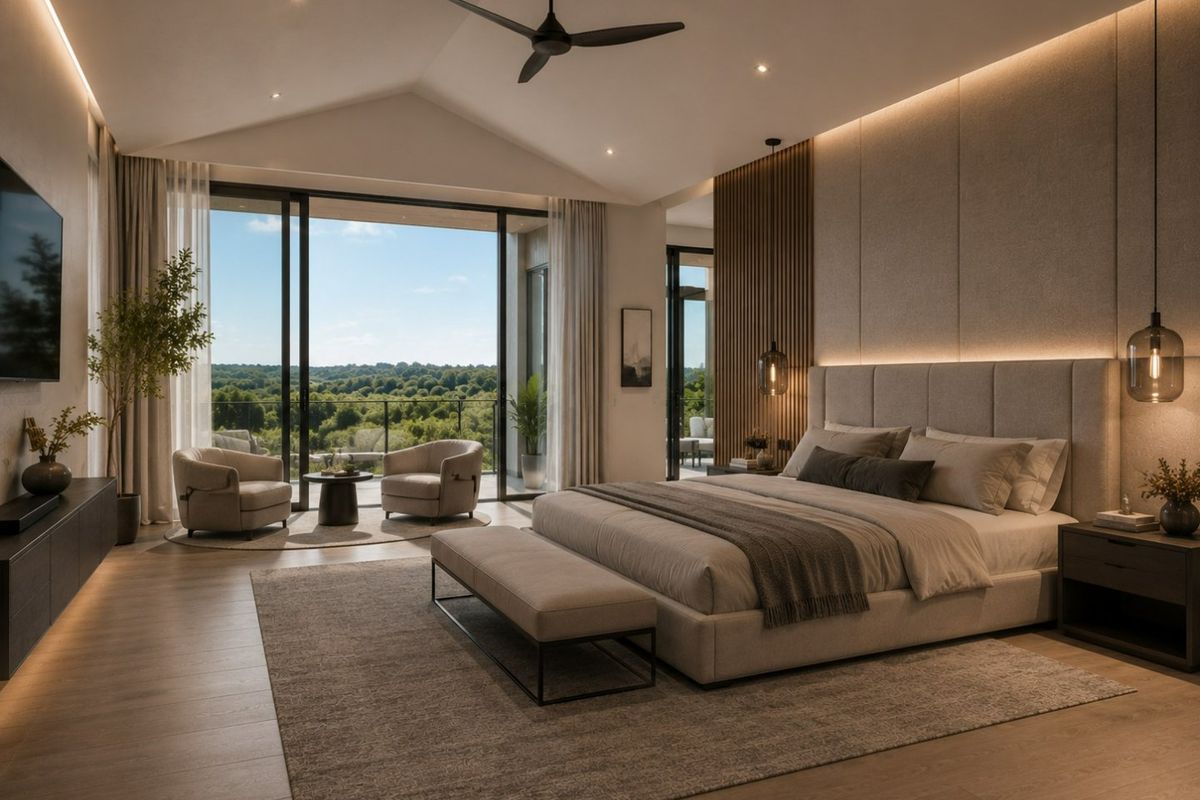 Luxurious master bedroom featuring a vaulted ceiling, timber slat accents, integrated lighting, and large sliding doors opening to a scenic balcony.