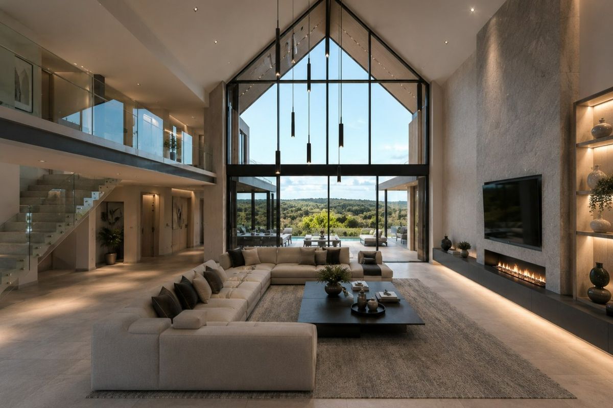 Spacious double-volume living room featuring a striking stone fireplace, floor-to-ceiling glass walls, and a mezzanine level overlooking the open-plan interior.