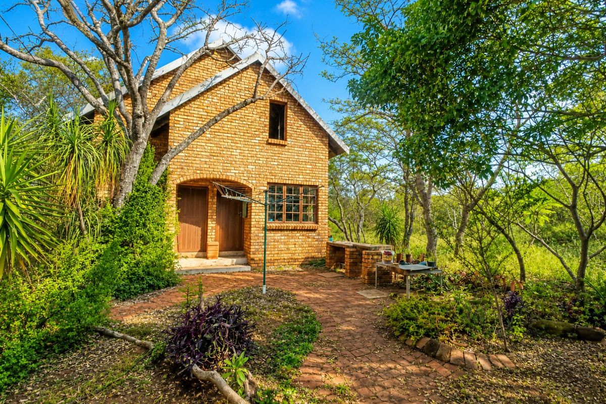 A rustic face brick farm cottage featuring a paved rear patio area with a built-in brick braai, surrounded by established trees and natural garden.