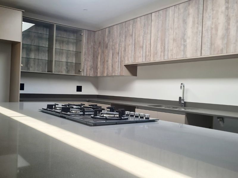 Modern kitchen featuring a large island with a built-in gas hob, sleek cabinetry, stone countertops, and a skylight providing ample natural light.