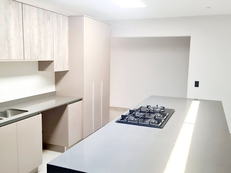 Modern kitchen featuring a large central island with a built-in gas hob, sleek cabinetry, and integrated sink area under a bright skylight.