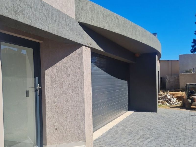 Modern exterior view featuring a paved driveway, a sleek sectional garage door, and a contemporary entrance door with textured facade finishes.