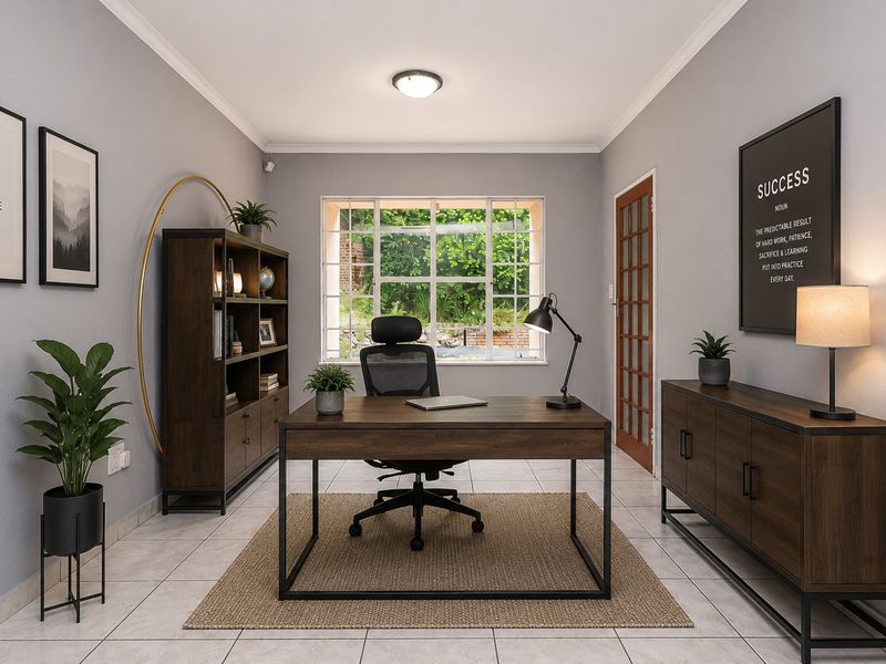 A well-lit home office featuring tiled flooring, a large window with garden views, and a classic wooden door.