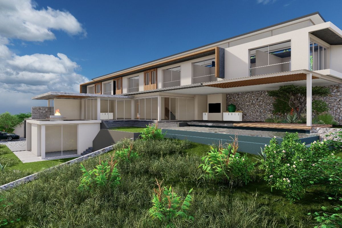 A modern architectural rendering of a luxury multi-level residence featuring expansive glass facades, stone cladding, a swimming pool, and integrated outdoor entertainment areas.