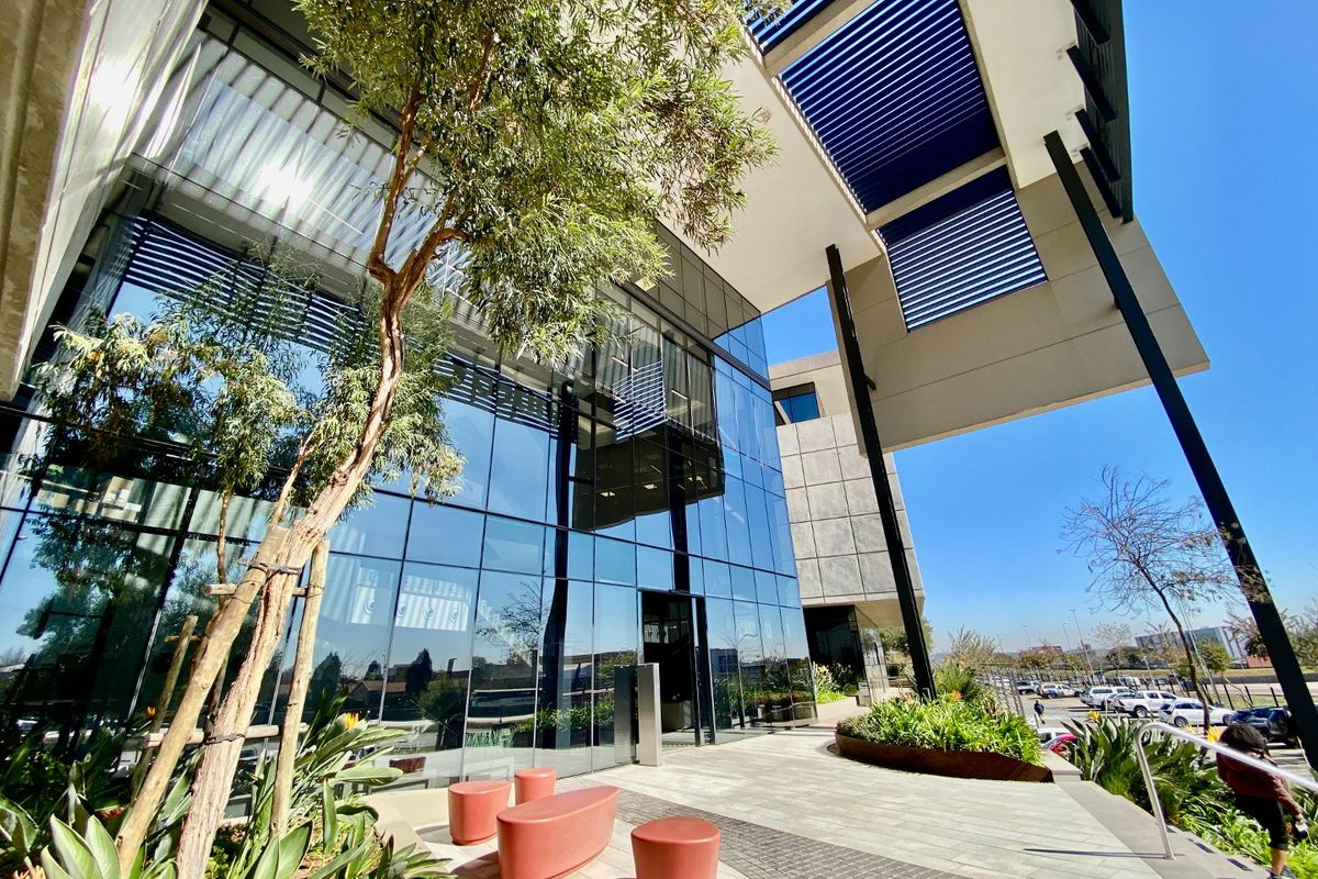 Modern commercial building entrance featuring a glass curtain wall facade, architectural steel canopy, and landscaped paved forecourt.
