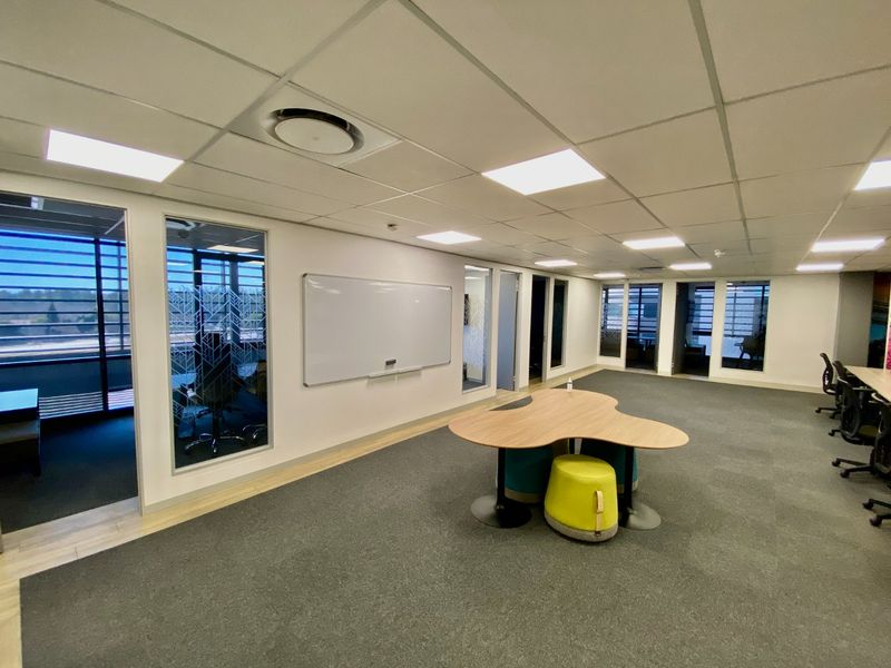 A modern commercial office space featuring a suspended acoustic ceiling, recessed lighting, carpeted flooring, and large glass partitions providing natural light.