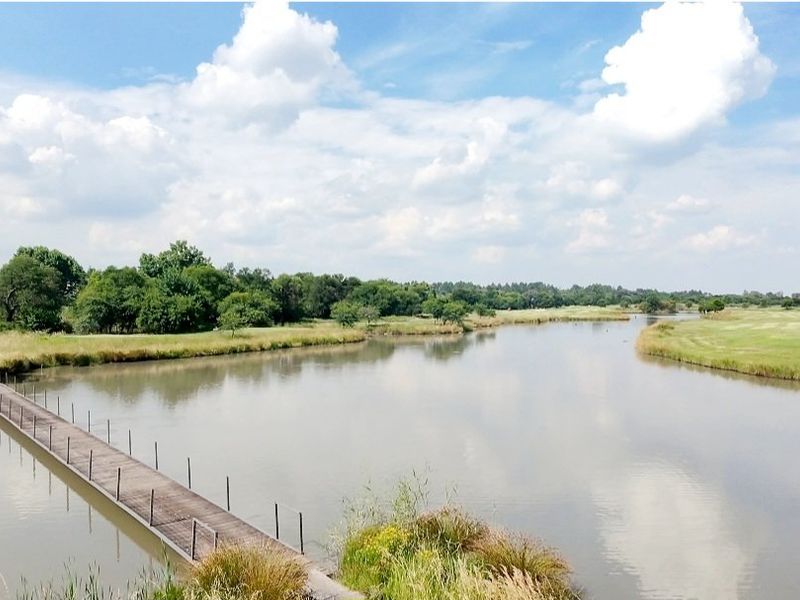 A scenic view of a tranquil lake with a pedestrian footbridge, surrounded by lush green landscape and mature trees.