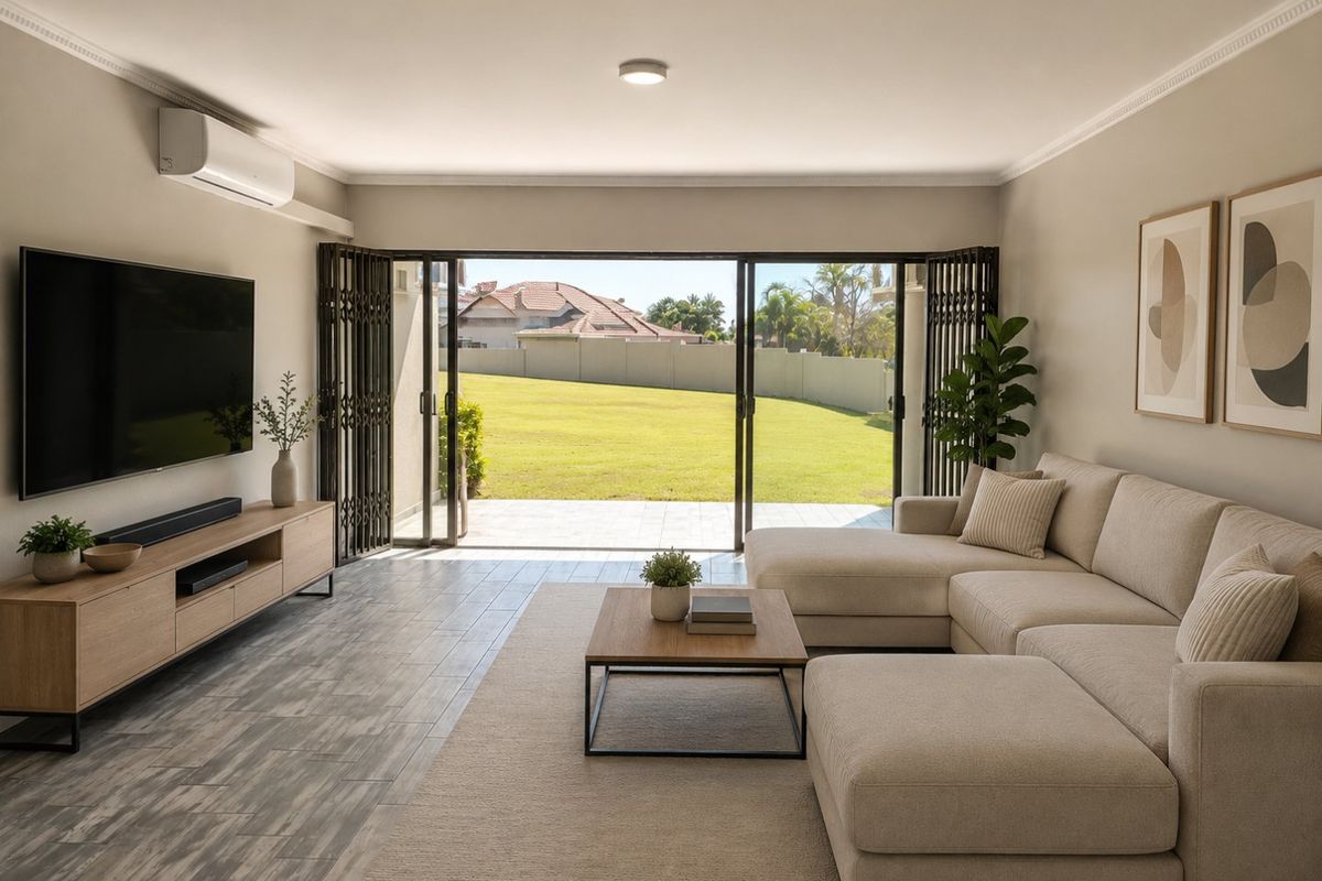 Bright living room featuring large sliding glass doors that open to a private patio and garden area, creating a seamless indoor-outdoor flow.