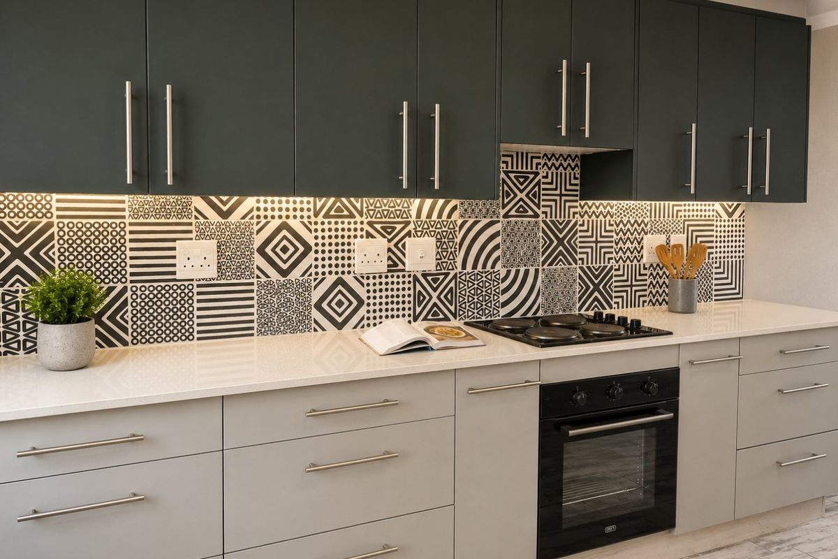Modern kitchen featuring two-tone cabinetry, quartz countertops, a patterned tile backsplash, and a built-in electric oven and hob.