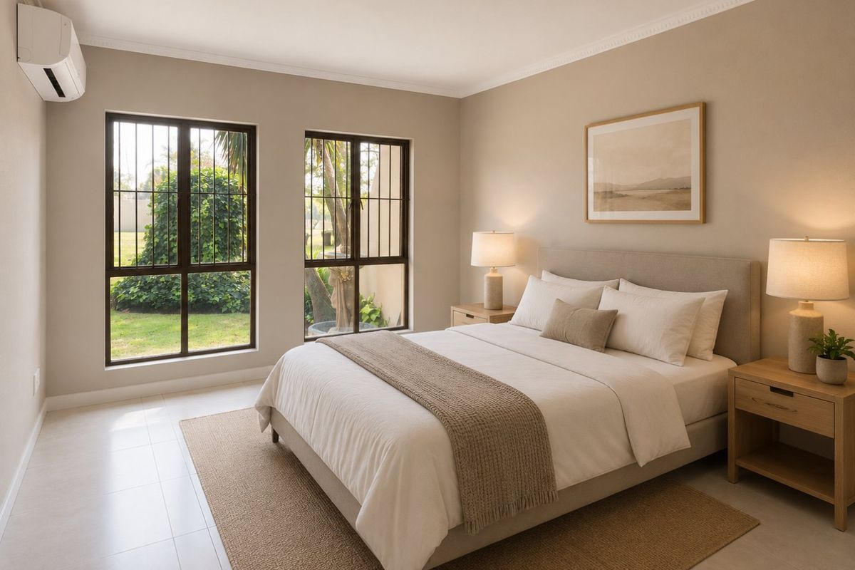 A bright and well-maintained bedroom featuring neutral tones, tiled flooring, large windows with security bars, and a wall-mounted air conditioning unit.