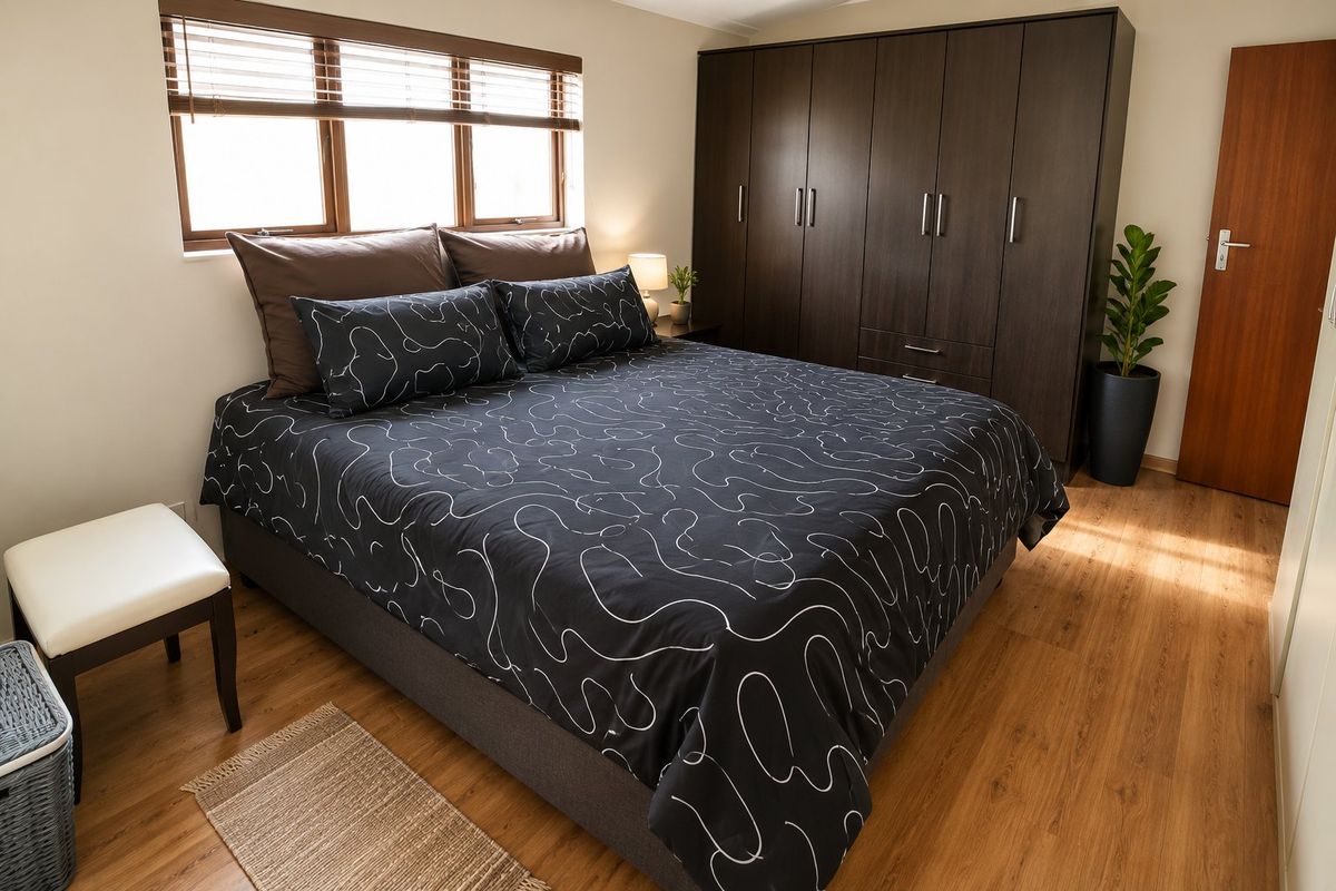 A well-maintained bedroom featuring warm-toned laminate flooring, a large built-in dark wood wardrobe, and natural light through a window with fitted blinds.