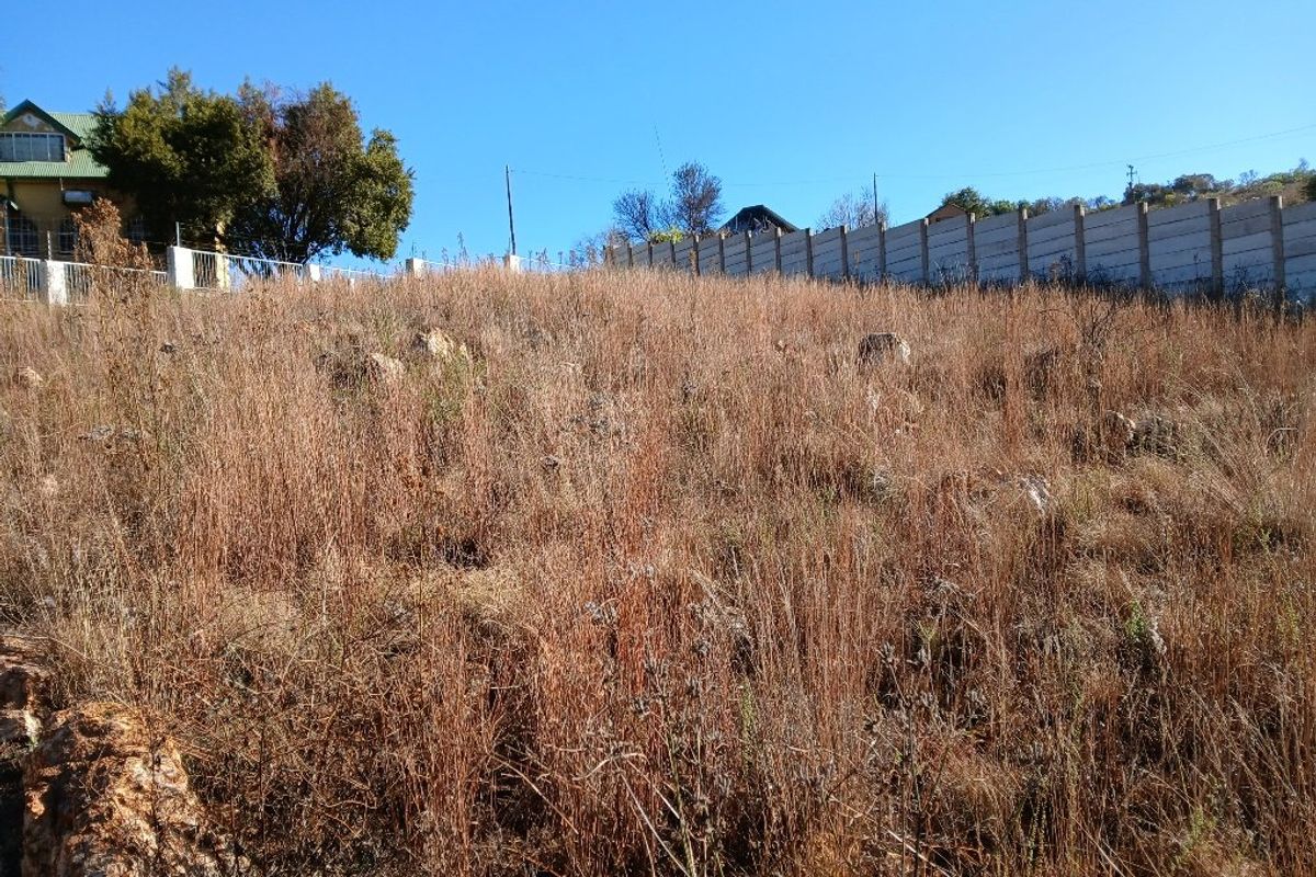 A view of a vacant residential plot featuring dry grass, natural terrain, and perimeter boundary walling.