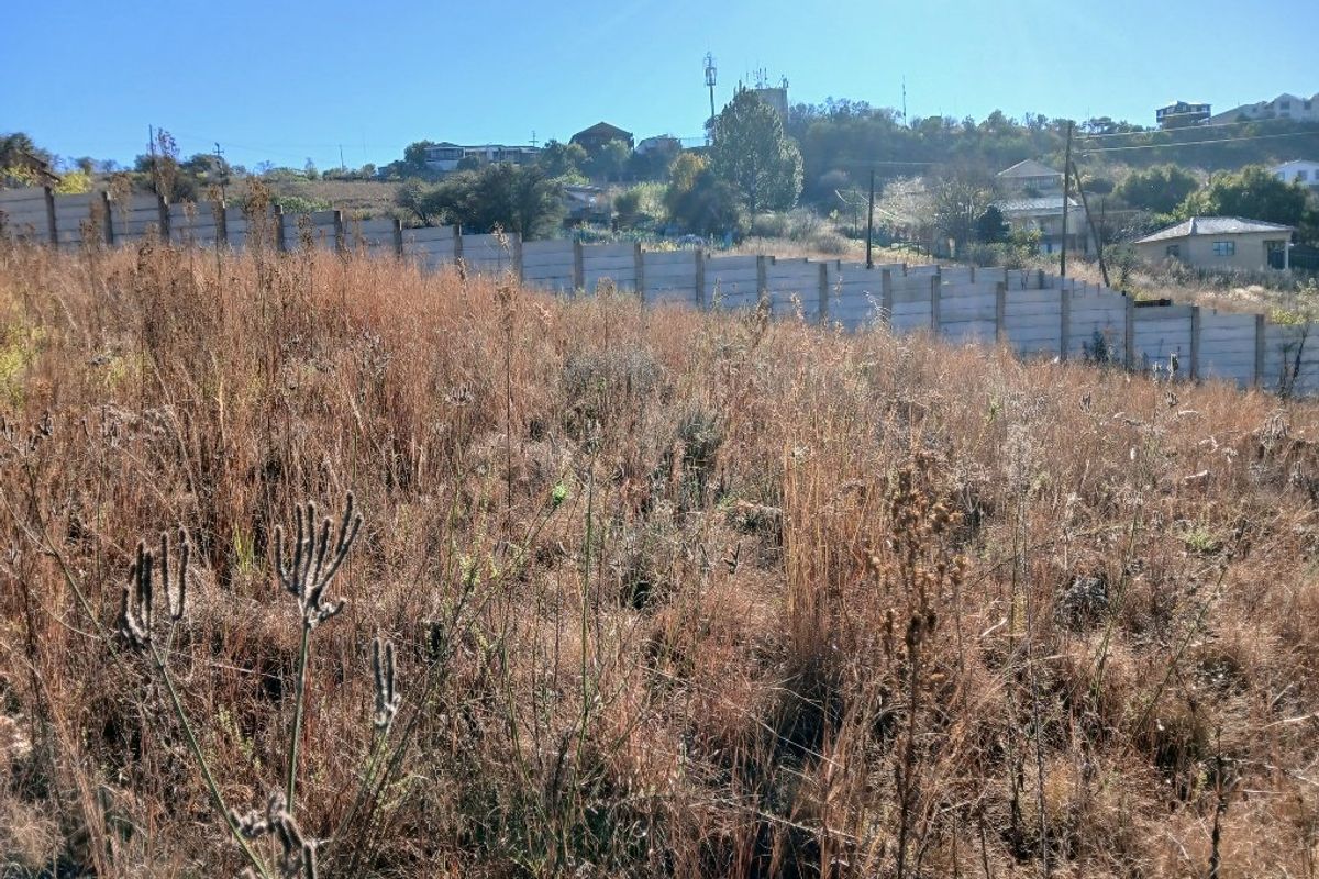A view of a vacant residential plot featuring dry, overgrown grass and a precast concrete boundary wall along the perimeter.