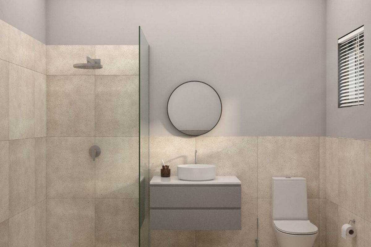 Modern bathroom featuring a walk-in shower with glass screen, wall-mounted vanity with vessel sink, and a contemporary toilet.