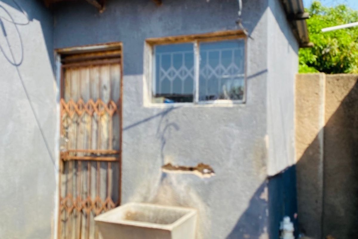 Exterior view of a utility area featuring a concrete laundry trough, security gate, and visible structural wear on the wall and roof eaves.