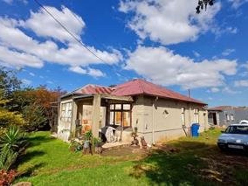 Rear view of a detached house featuring a corrugated metal roof, concrete patio area, and established garden surroundings.