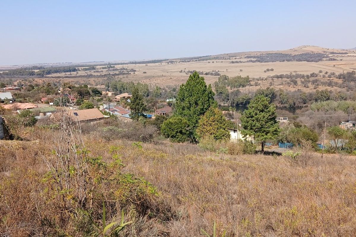 A wide-angle view overlooking a natural landscape with scattered trees, shrubs, and distant residential structures.