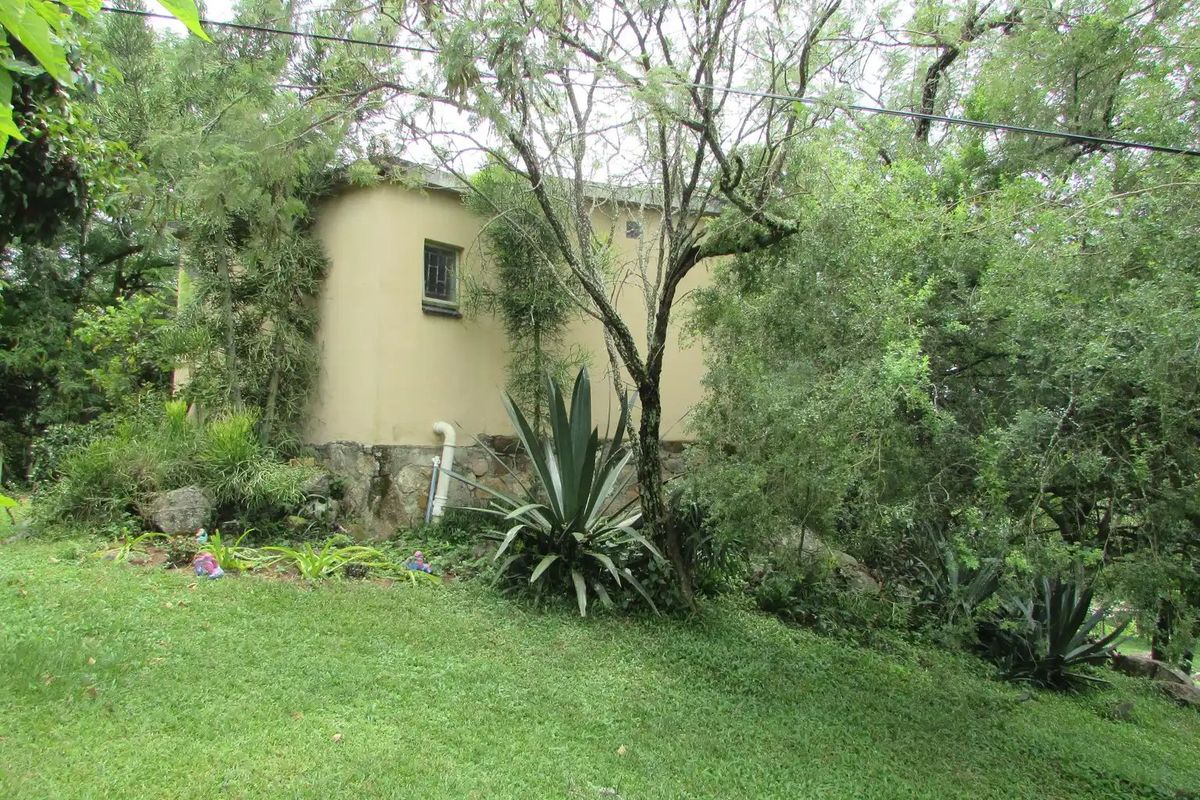 Rear view of the farm building featuring plastered masonry walls, a stone foundation, and surrounding mature trees and garden.