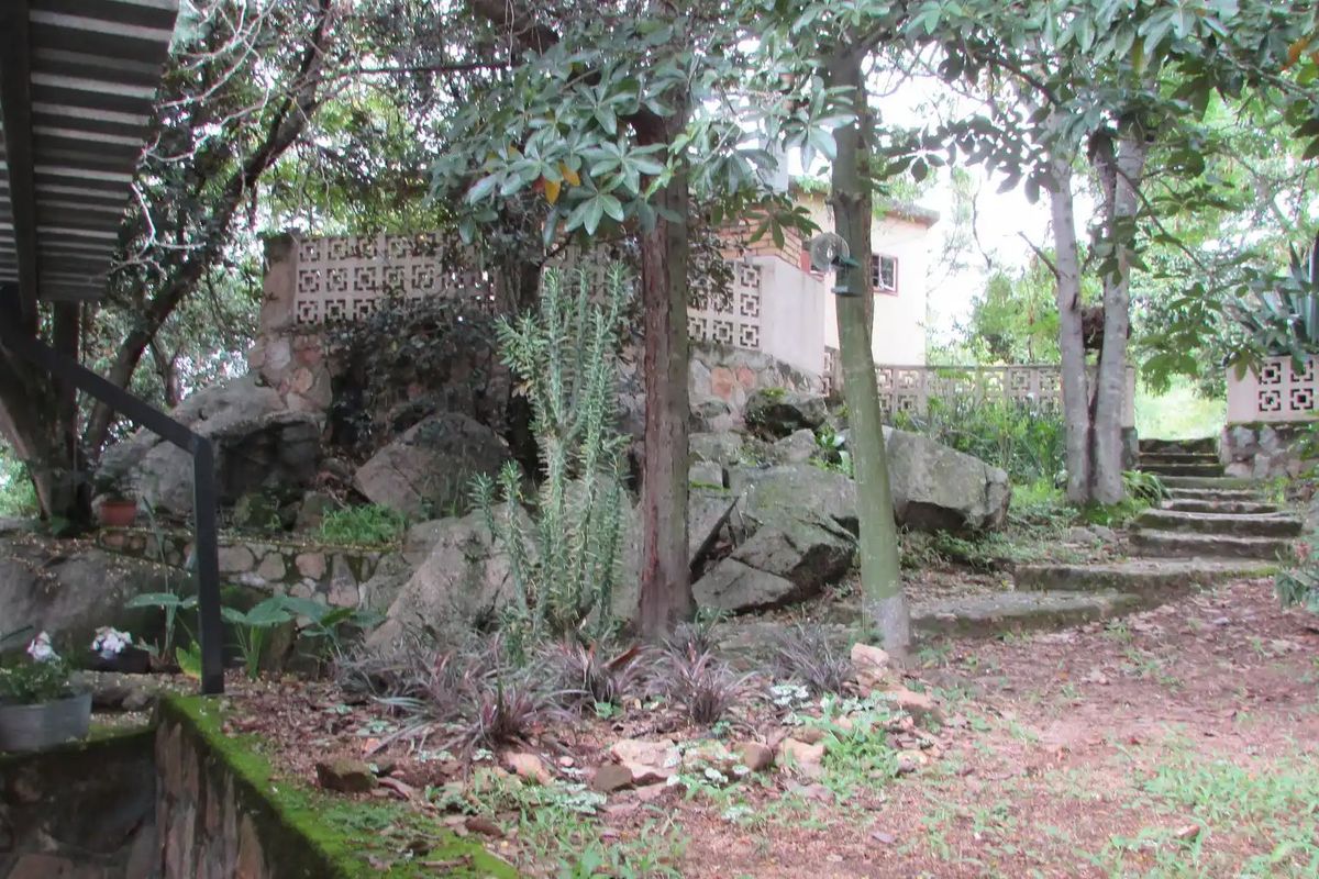 A rustic garden area featuring natural rock landscaping, stone retaining walls, decorative breeze block fencing, and stone steps leading to the property.