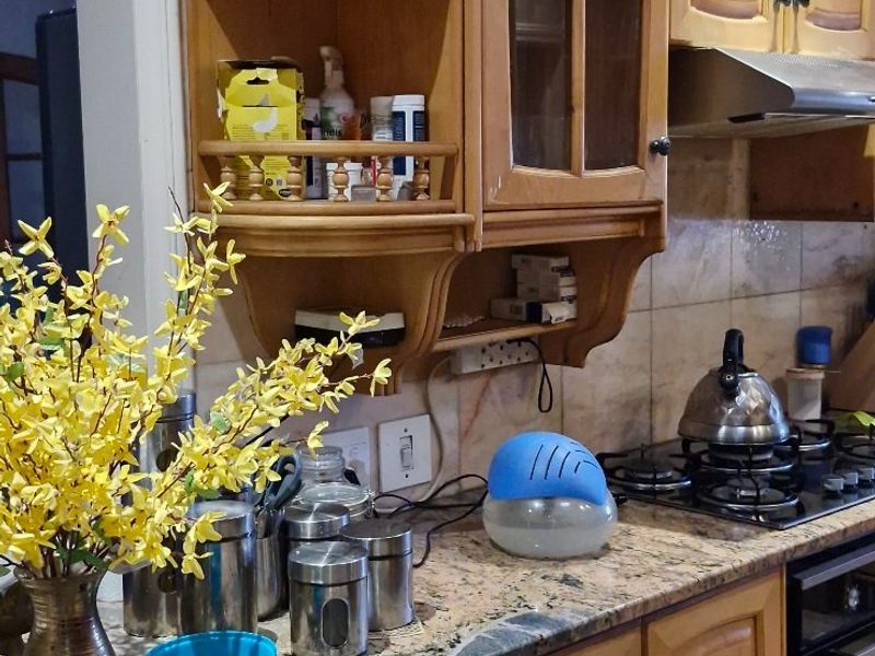 A functional kitchen featuring granite countertops, wooden cabinetry, and integrated appliances including a gas hob and oven with a tiled backsplash.