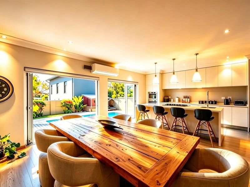 Spacious open-plan kitchen and dining area featuring modern cabinetry, a central island, and seamless indoor-outdoor flow through large sliding doors to the pool area.