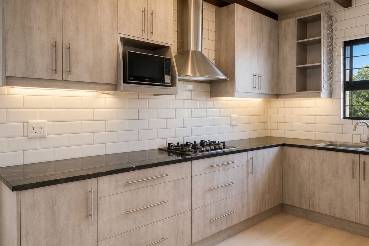 Modern kitchen featuring light wood-grain cabinetry, dark stone countertops, subway tile backsplash, stainless steel appliances, and integrated under-cabinet lighting.