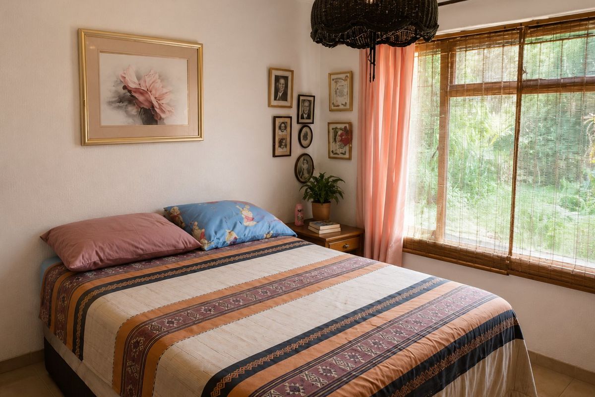 A cozy bedroom featuring tiled flooring and a large window with natural light and bamboo blinds.