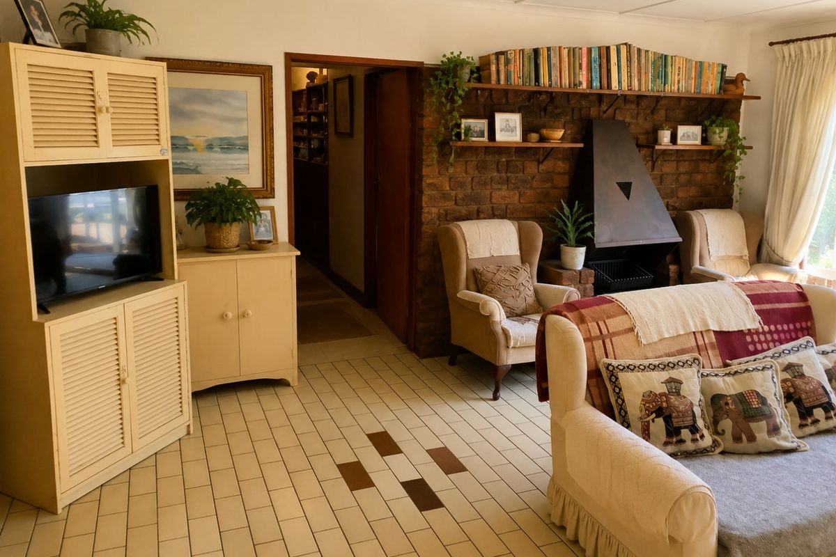 A cozy living room featuring a prominent exposed brick fireplace with a metal hood and durable ceramic tile flooring.