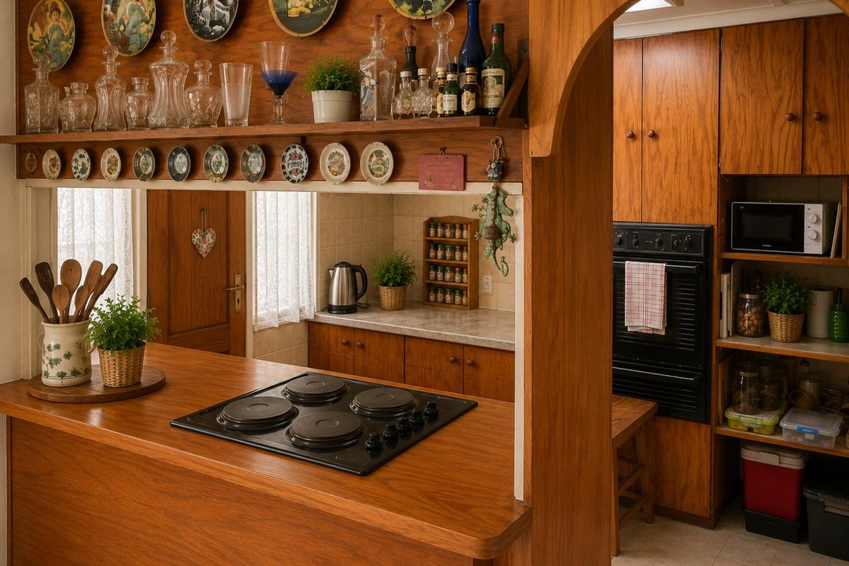 A traditional kitchen featuring wood-grain cabinetry, a built-in oven, an electric hob, and a classic arched entryway.