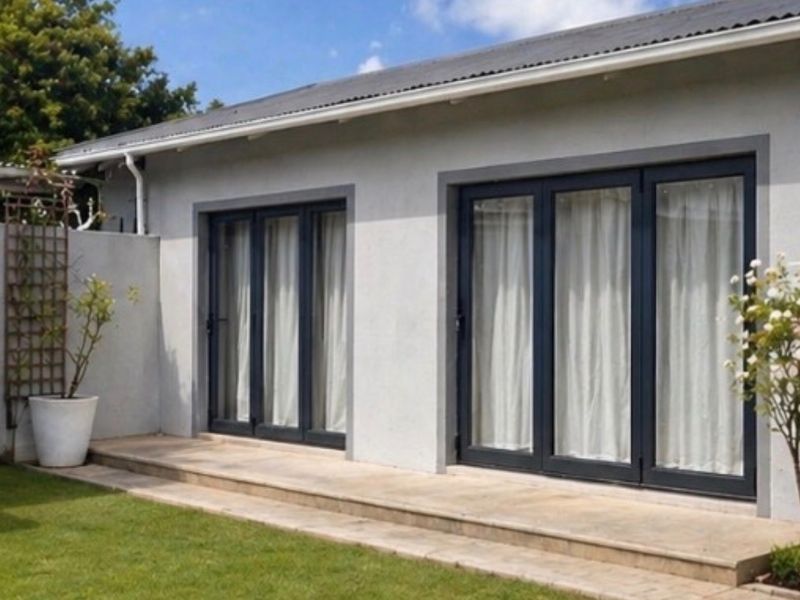Rear exterior view featuring a paved patio area with modern dark-framed bi-fold doors leading into the home, set against a well-maintained garden.