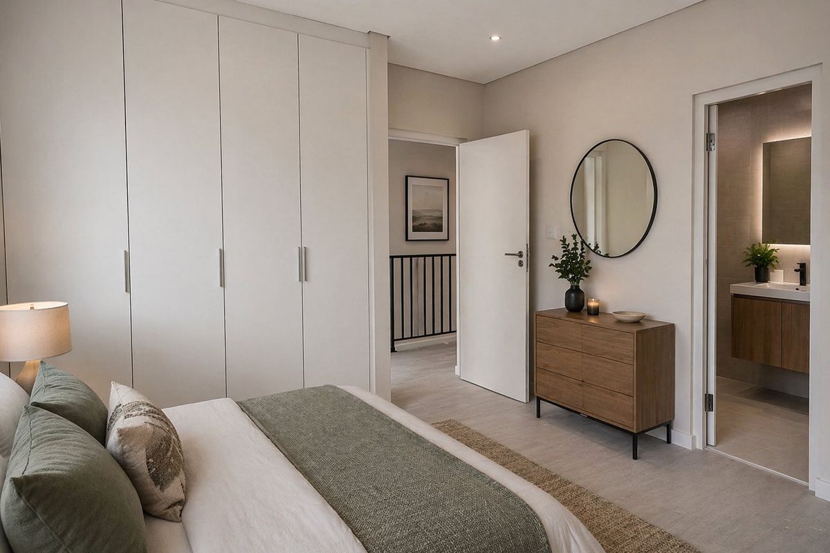 A modern, well-maintained bedroom featuring built-in cupboards, neutral finishes, and direct access to an en-suite bathroom.