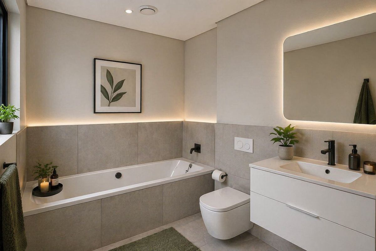 Modern bathroom featuring a built-in bathtub, wall-hung toilet, sleek vanity with integrated basin, and ambient LED lighting.