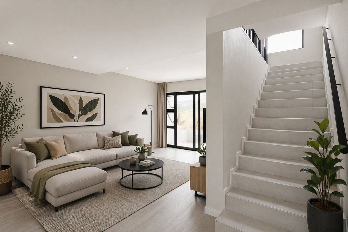 Modern open-plan living area featuring a sleek staircase with a black metal handrail, neutral finishes, and large sliding glass doors leading to the exterior.