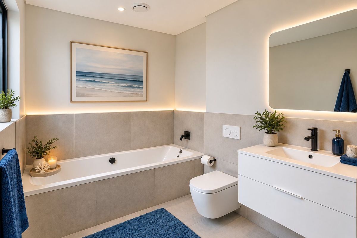 Modern bathroom featuring a built-in bathtub, floating vanity with integrated basin, wall-mounted toilet, and elegant backlit mirror with contemporary matte black fixtures.